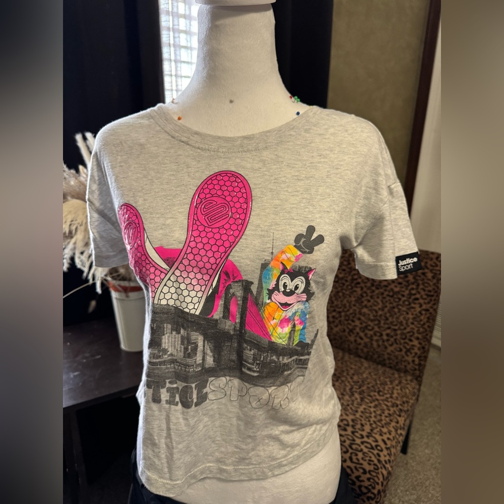 Justice Gray Tee with Bright Pink and Multicolor Graphic